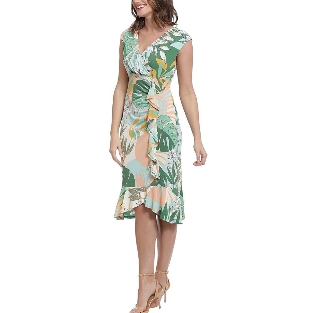 London Times Side Ruched Ruffle Cascade Dress 16W NWT‎ Green Leaf Print Tropical